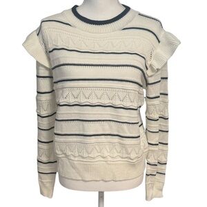 Crochet Stripes Spring Sweater 100% Ultra Soft Viscose Ruffle Shoulder NWT Med
